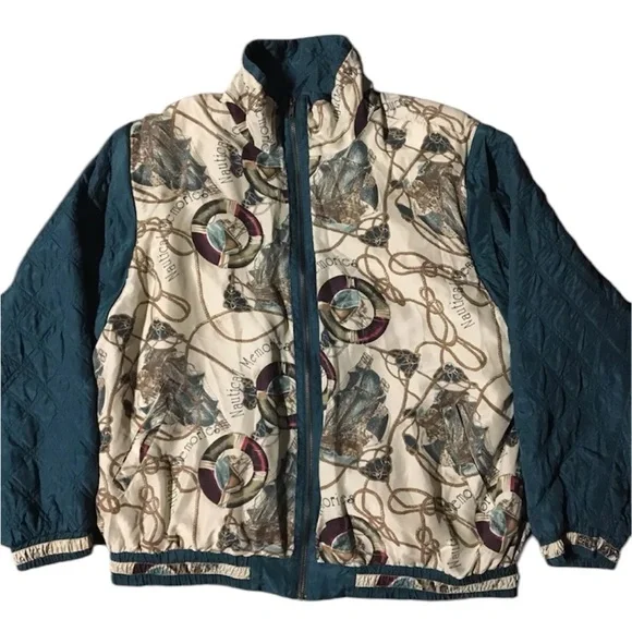 Vintage 80s Nautical Silk Bomber Jacket XL Sailing Ship Boat Vest Jacket Combo